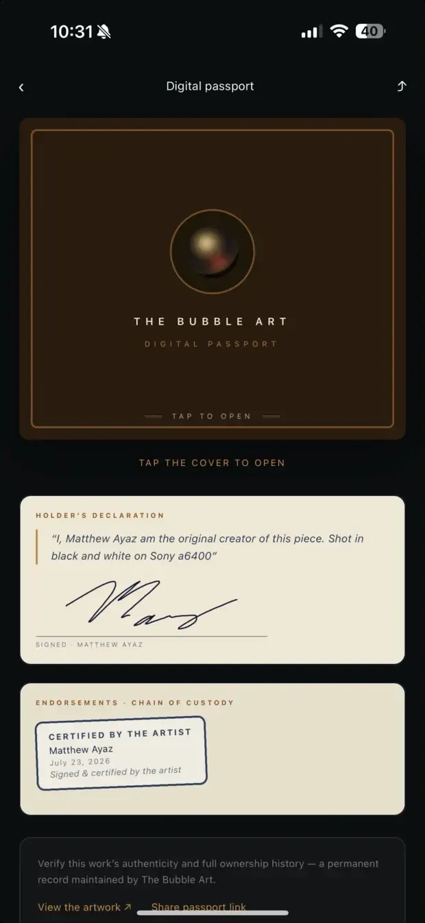 The Bubble Art — iOS & Android — Digital passport