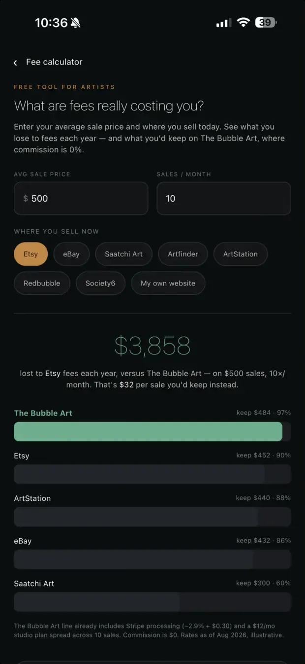 The Bubble Art — iOS & Android — Fee calculator