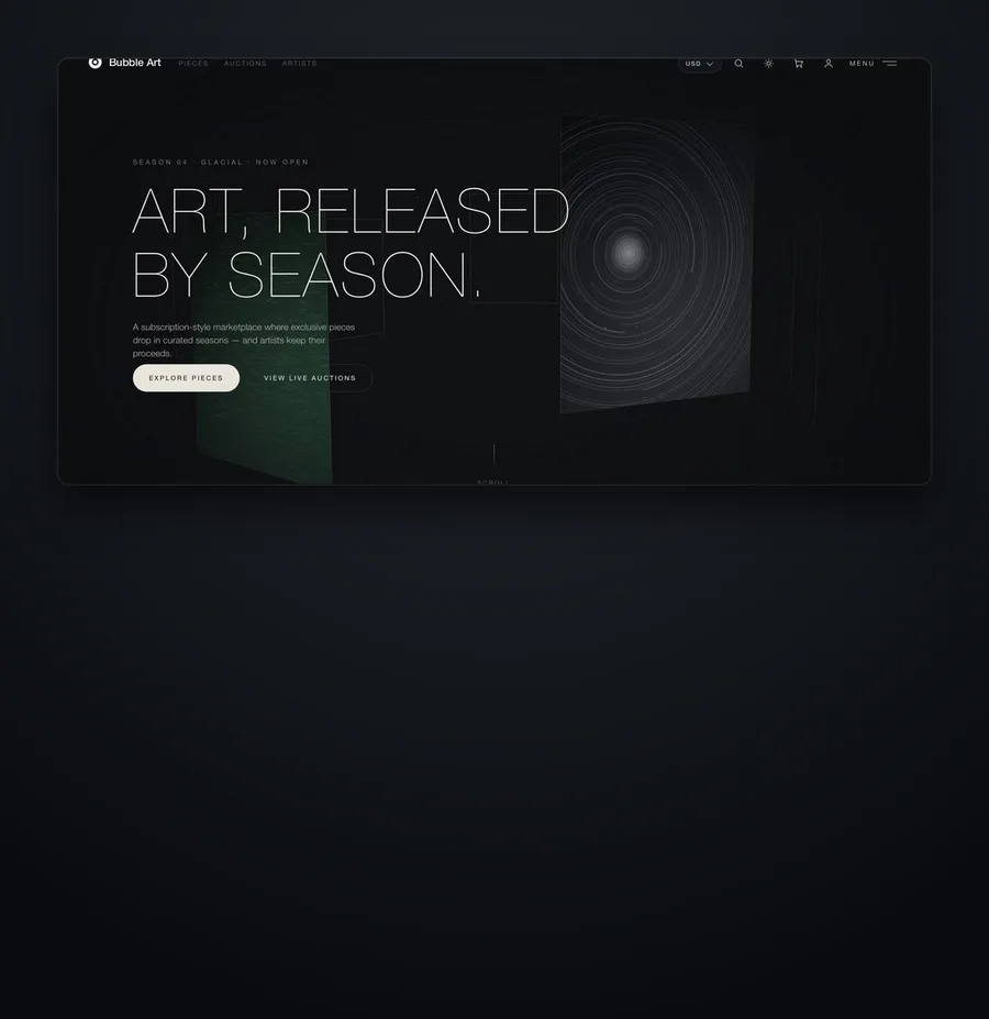 The Bubble Art website homepage, shown inside a dark mount