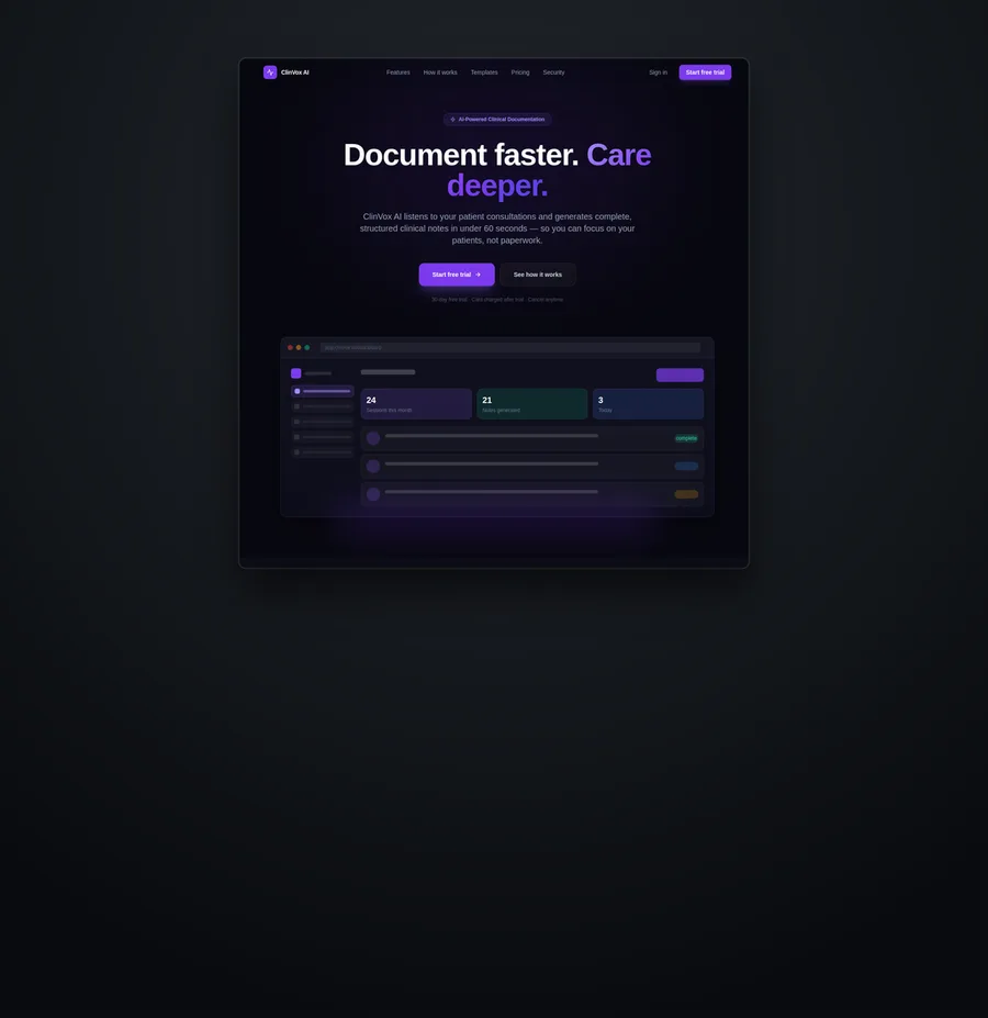 ClinVox AI website homepage, shown inside a dark mount