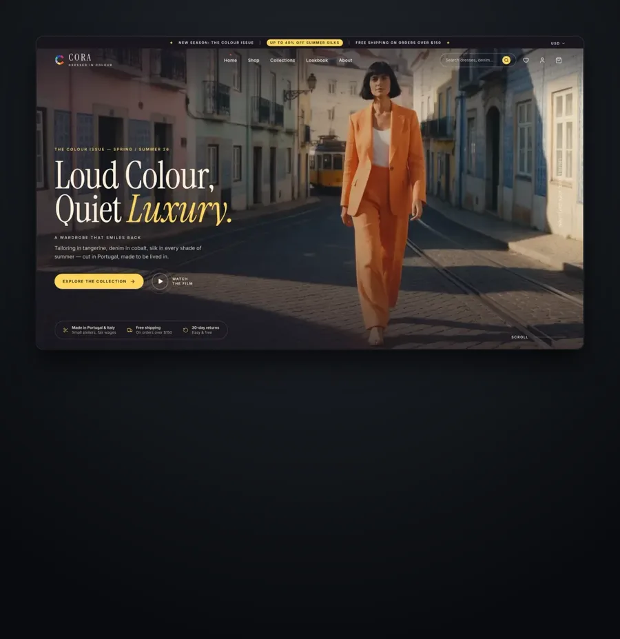 CORA studio-project storefront hero, shown inside a dark mount