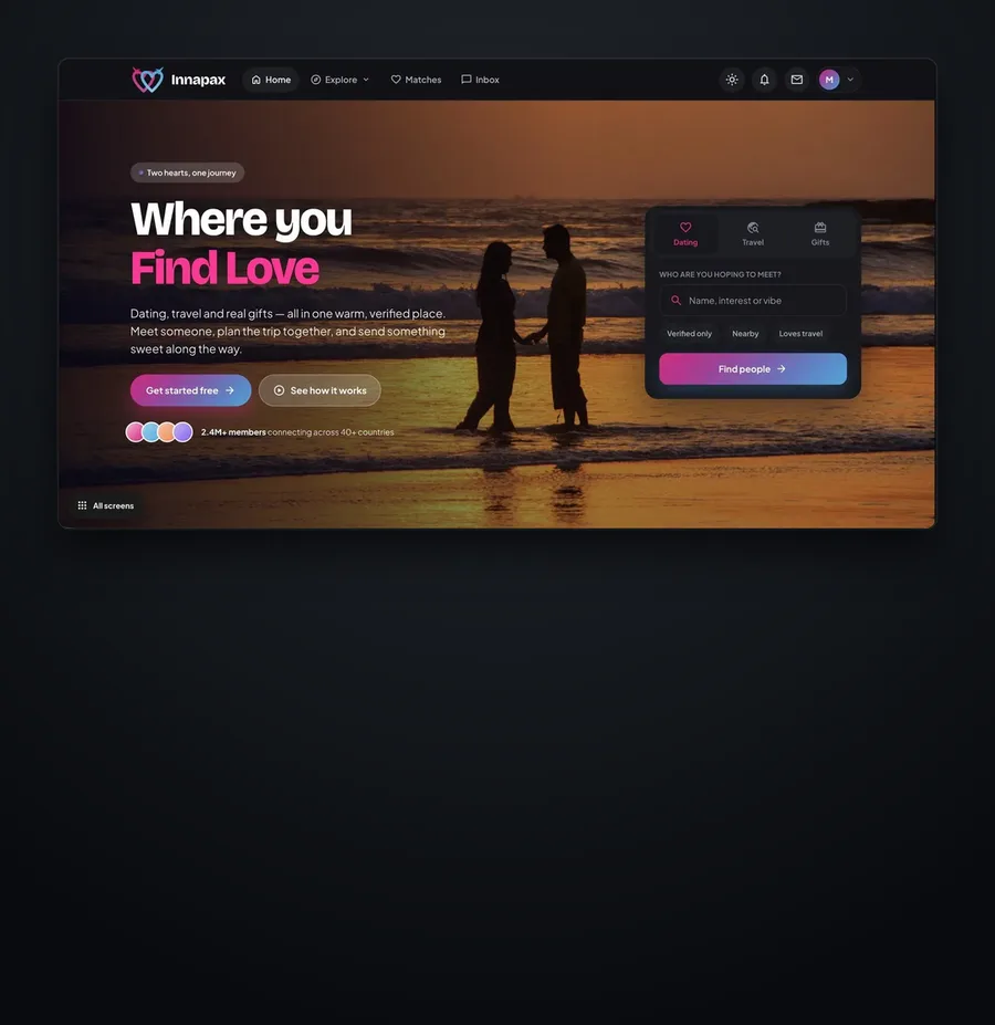 Innapax web app homepage, shown inside a dark mount