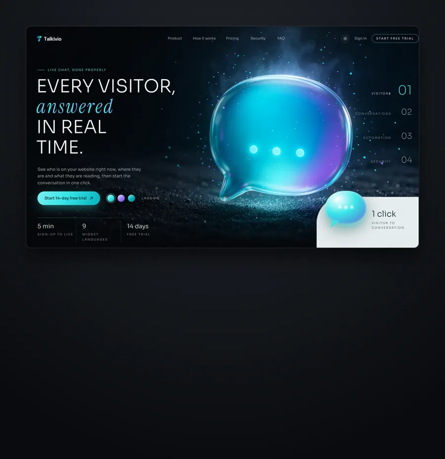 Talkivio live-chat product homepage, shown inside a dark mount